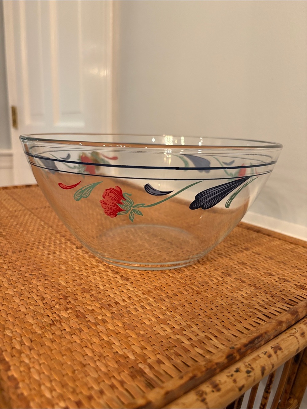 Poppies on Blue 9" Glass Serving Bowl, Made by Arcoroc France
